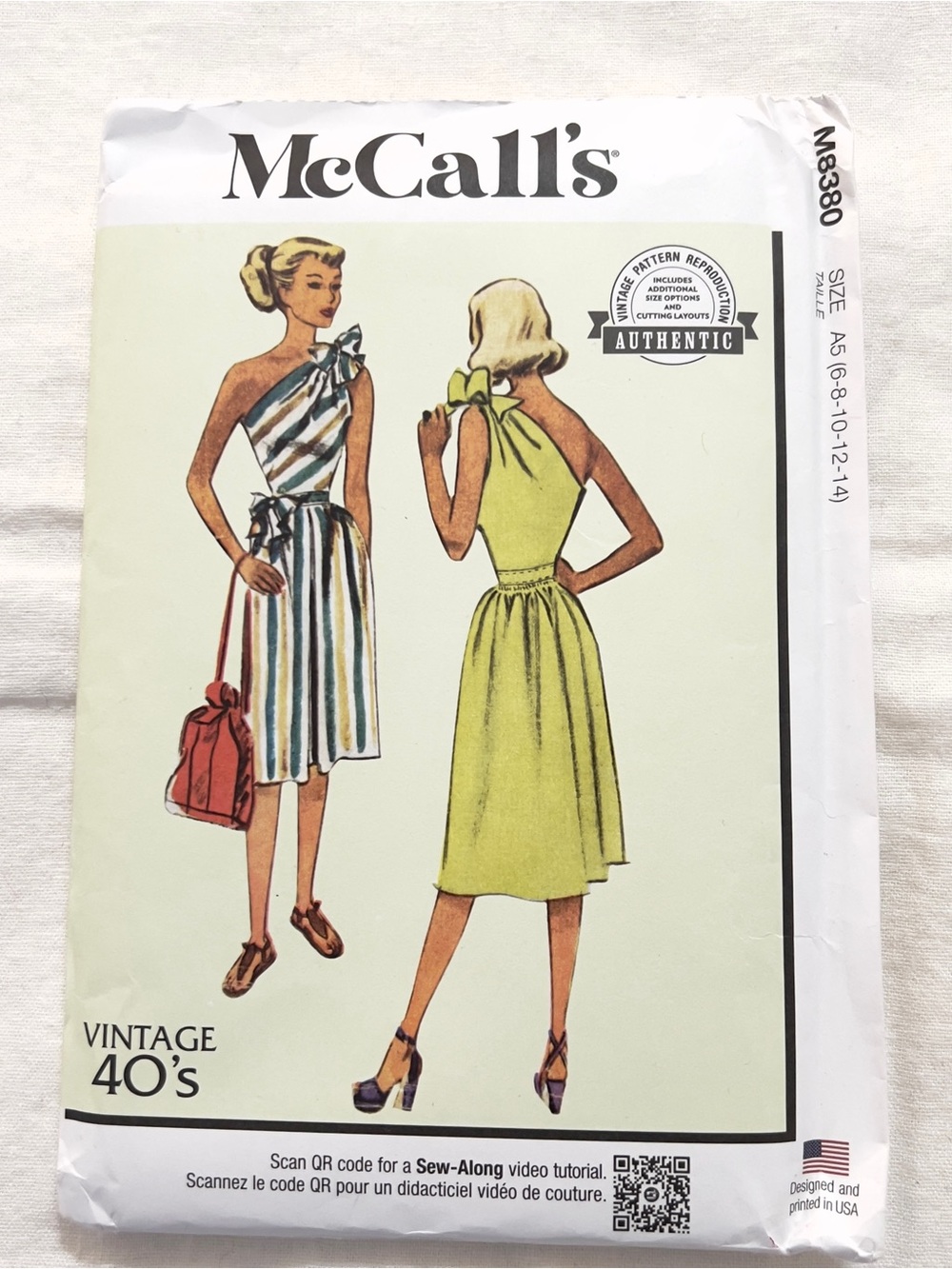McCall’s M8380 Vintage 1940s Dress Sewing Pattern A5 Sizes 6–14 Misses